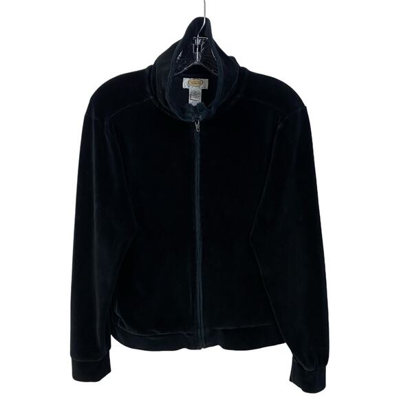 TALBOTS PETITES M Black Velour Velvet Full-Zip Workout Jacket Athleisure Lounge - Picture 1 of 12